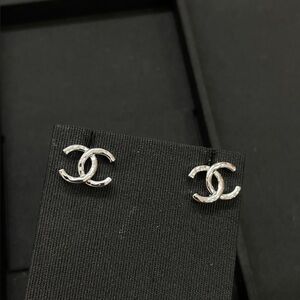 Chanel Silver Hammered CC Logo Stud Earrings